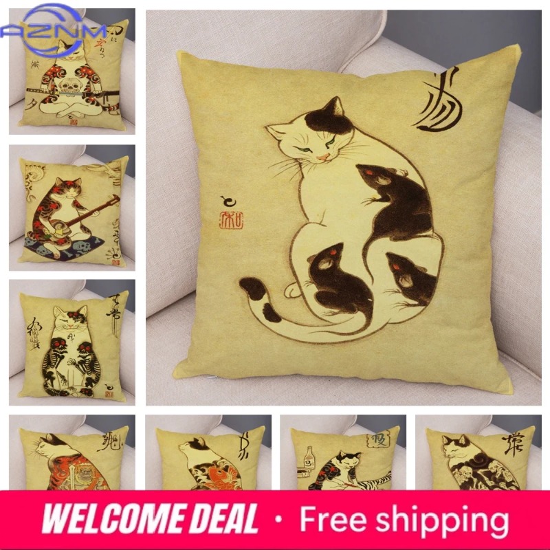 Vintage Japanese Samurai Cat T - Japanese Home Textiles のレビューと価格