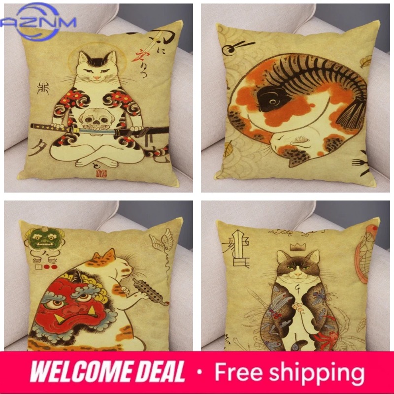 Vintage Japanese Samurai Cat T - Japanese Home Textiles のレビューと価格