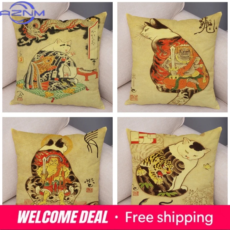 Vintage Japanese Samurai Cat T - Japanese Home Textiles のレビューと価格